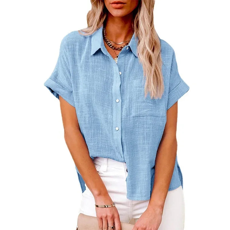 Women's Cotton-Linen Blouse — Loose Short-Sleeve Casual Summer Top