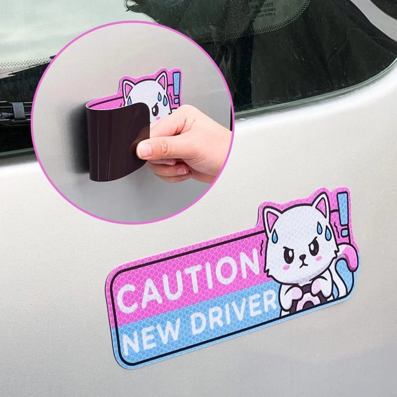 Cartoon Cat Student Driver Car Magnet – Cute Reflective New Driver Safety Bumper Sticker (Reusable)