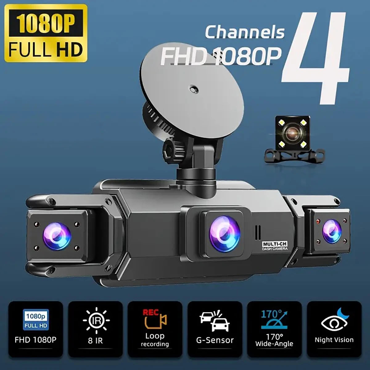 360° Car DVR Dash Cam 4 Lens Front Rear Left Right Inside IPS Screen Rotatable Lens Night Vision 24H Parking G-Sensor Black Box