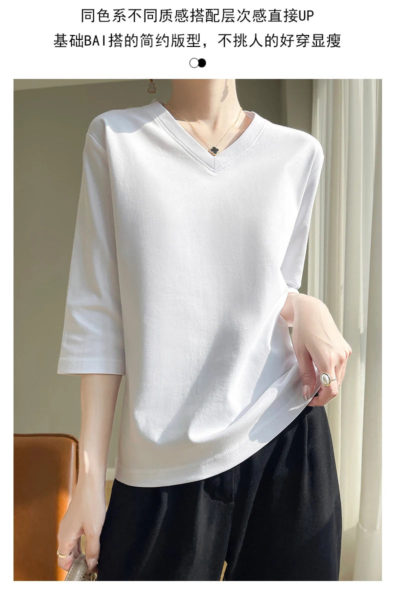 Spring And Summer New Cotton V-neck T-shirt Short-Sleeved Women's Half-Sleeve Bottoming Shirt High-End Cropped Sleeve Top