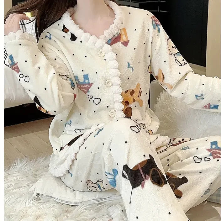 Women's Coral Fleece Pajamas - Printed Button Cardigan Sleep Set - photo 4