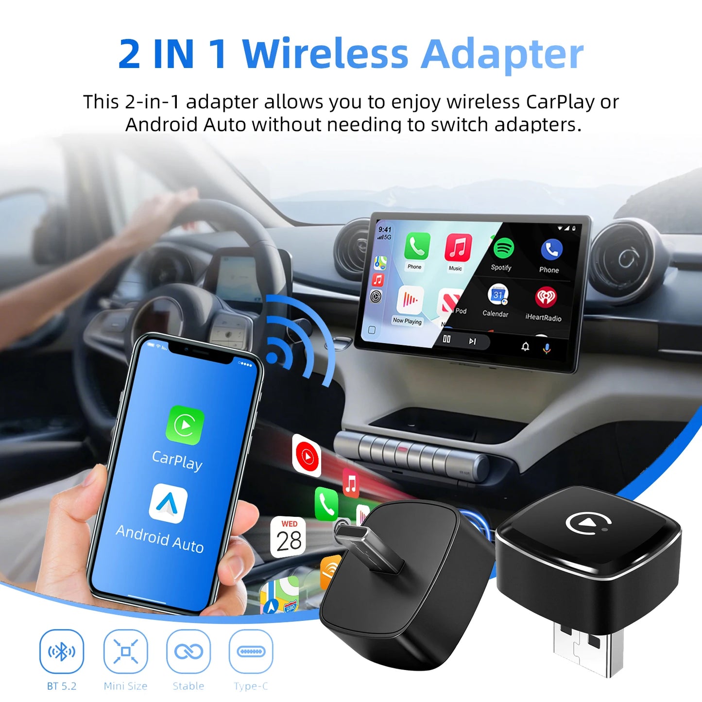 2026 2in1 Ultra-Compact Wireless CarPlay Android Auto Adapter for Factory Type-C/USB Wired Cars with 5G WiFi BT5.0 Plug and Play
