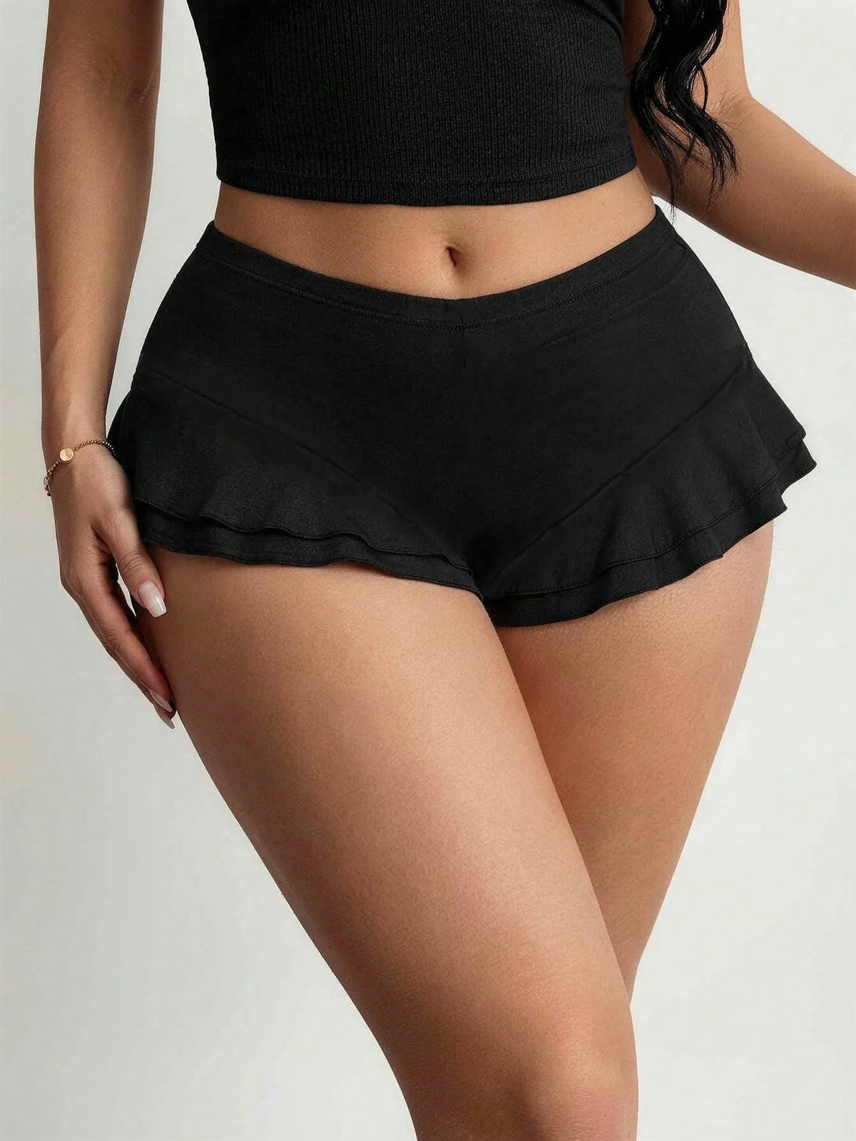 Women High Waist Double Layer Ruffle Trim Casual Mini Skort 2026 Summer Y2K Solid Black Stretch Soft Fabric Workout Streetwear S