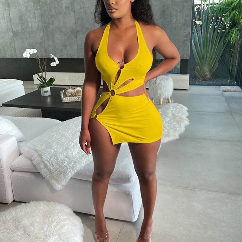 Summer Dresses Woman 2026 High Street Stretch Slim Hollow Sexy Mini Bodycon Dress Elegant Orange Sleeveless Club Party Sundress