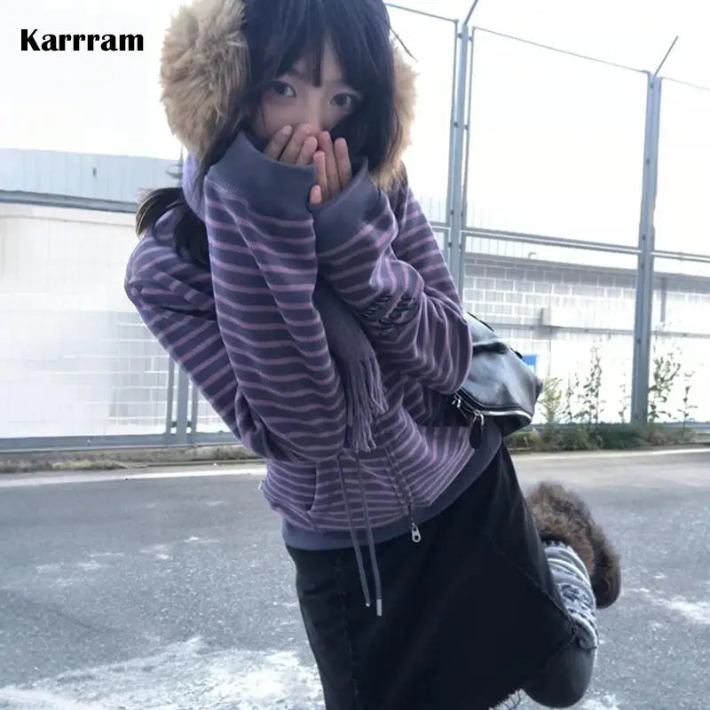 Women's Y2K Striped Zip-Up Knit Cardigan, Purple