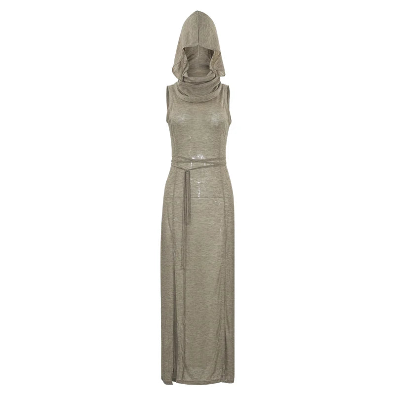 Summer 2023 Sexy European And American Style Sleeveless Hooded Dress Long Split Hollow out Pure Color Women's Gown