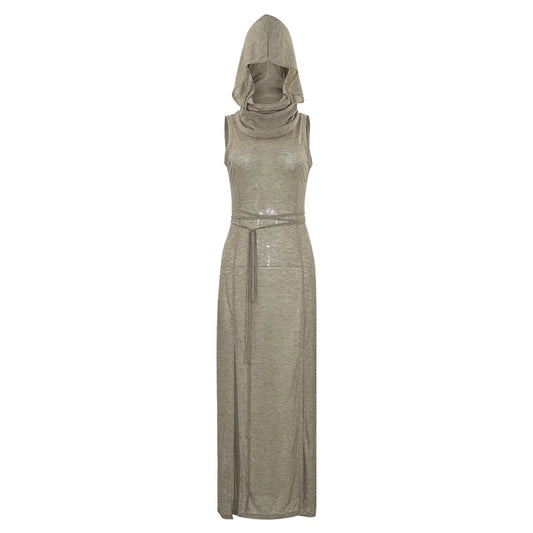 Women's Sleeveless Hooded Maxi Dress with Long Split & Hollow-Out Detail - photo 6