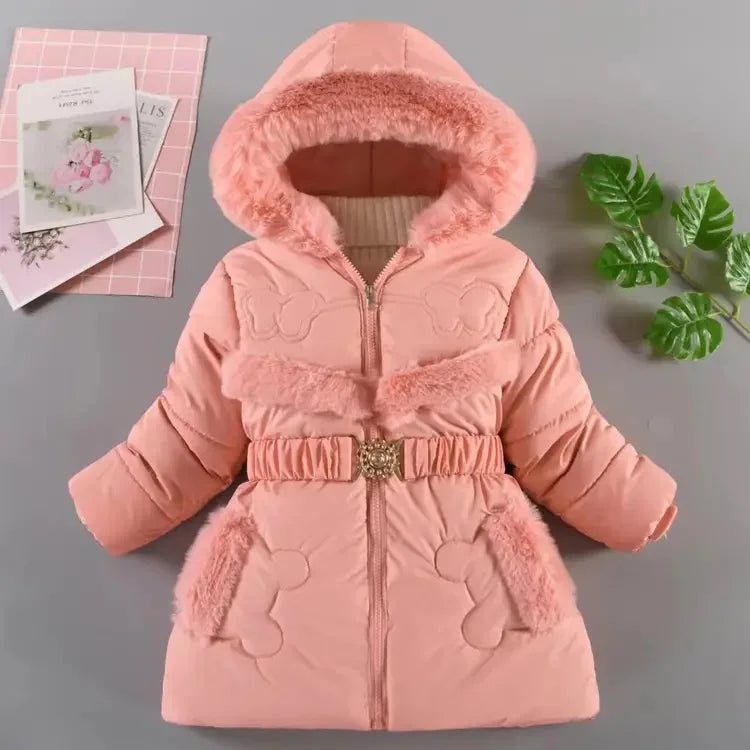 Girls' Hooded Winter Coat with Belt - Plush Lined Heavy Jacket