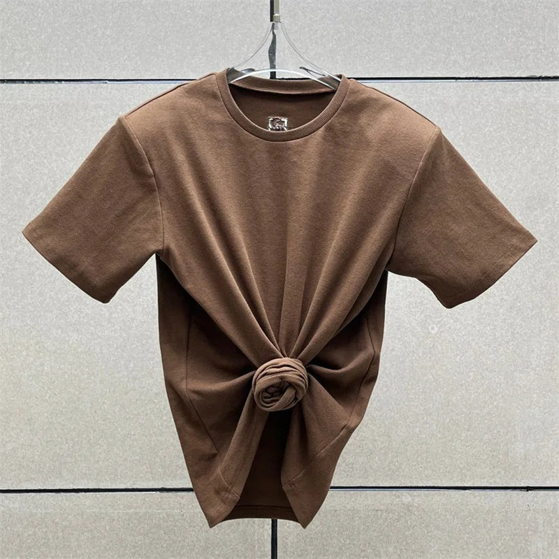 Women's t-shirt 2026 summer New elastic knitted short sleeved top 3D flower decorated round neck pullover pure cotton crop top