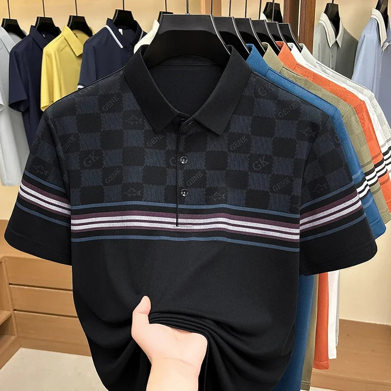 Men's Lattice-Print Lapel Polo - Soft Stretch, Sweat-Proof Summer