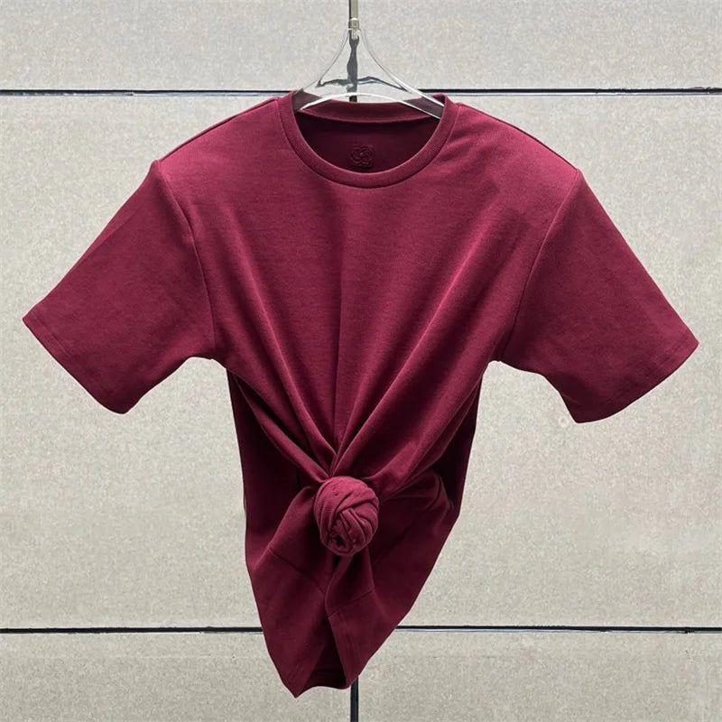 Women's t-shirt 2026 summer New elastic knitted short sleeved top 3D flower decorated round neck pullover pure cotton crop top