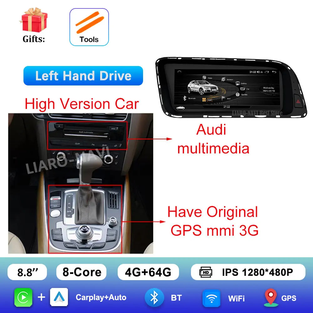Android 16 for Audi Q5 2026 - 2026 HD Screen Car Radio Video Multimedia Player 8.8 inch BT 4G Carplay DSP Stereo WiFi Auto Tools