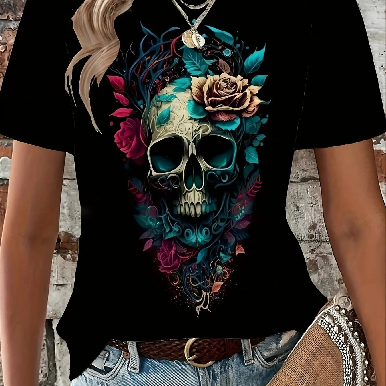Women's fashion casual loose floral skull print round neck short sleeved comfortable T-shirt top
