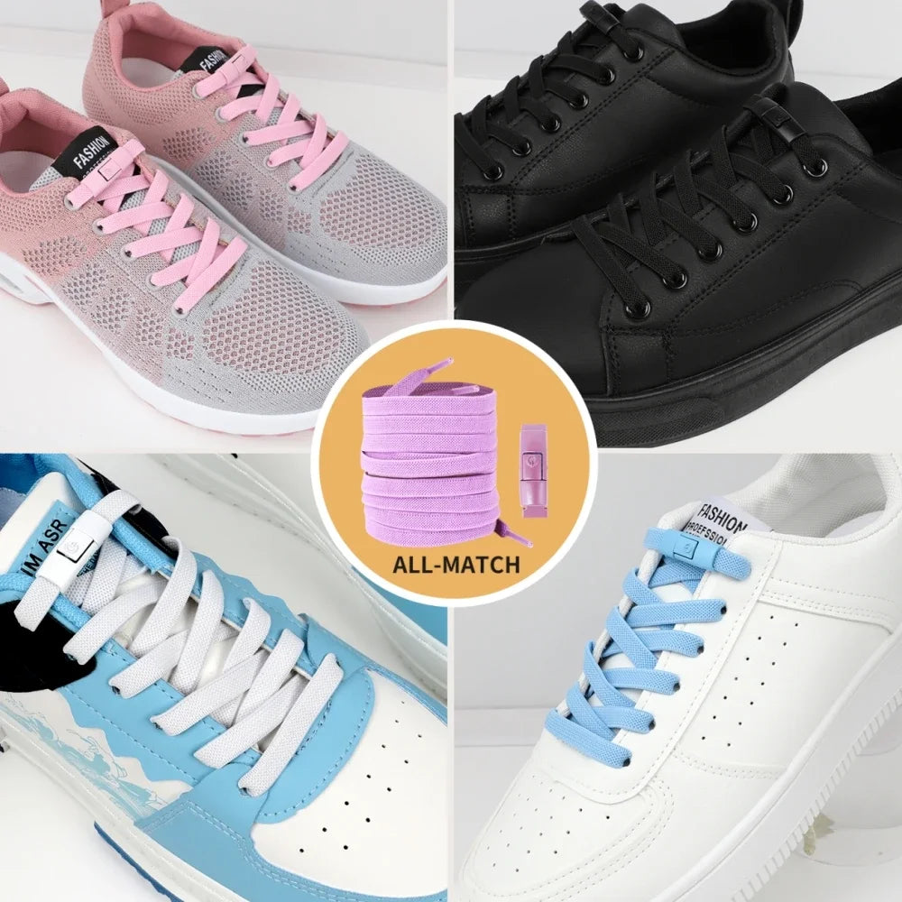 No-Tie Elastic Shoelaces with Press Lock – 8mm Flat Sneaker Laces for Kids & Adults | One Size Fits All Shoes
