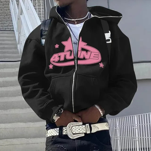 Men's Letter Print Zip-Up Hoodie, Hip Hop Style