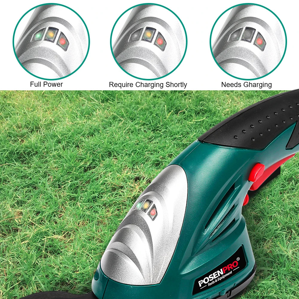 POSENPRO Cordless 2-in-1 Hedge & Grass Trimmer – 7.2V Handheld Shrub Shear for Garden
