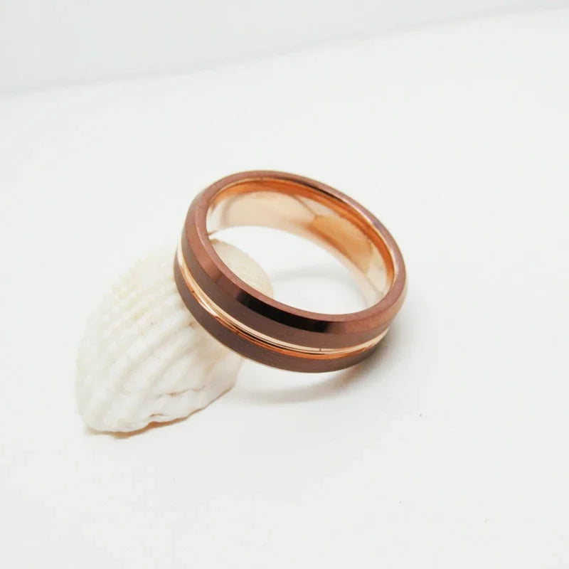 Tungsten Wedding Band — 6mm/8mm Rose Gold Tone Grooved Ring