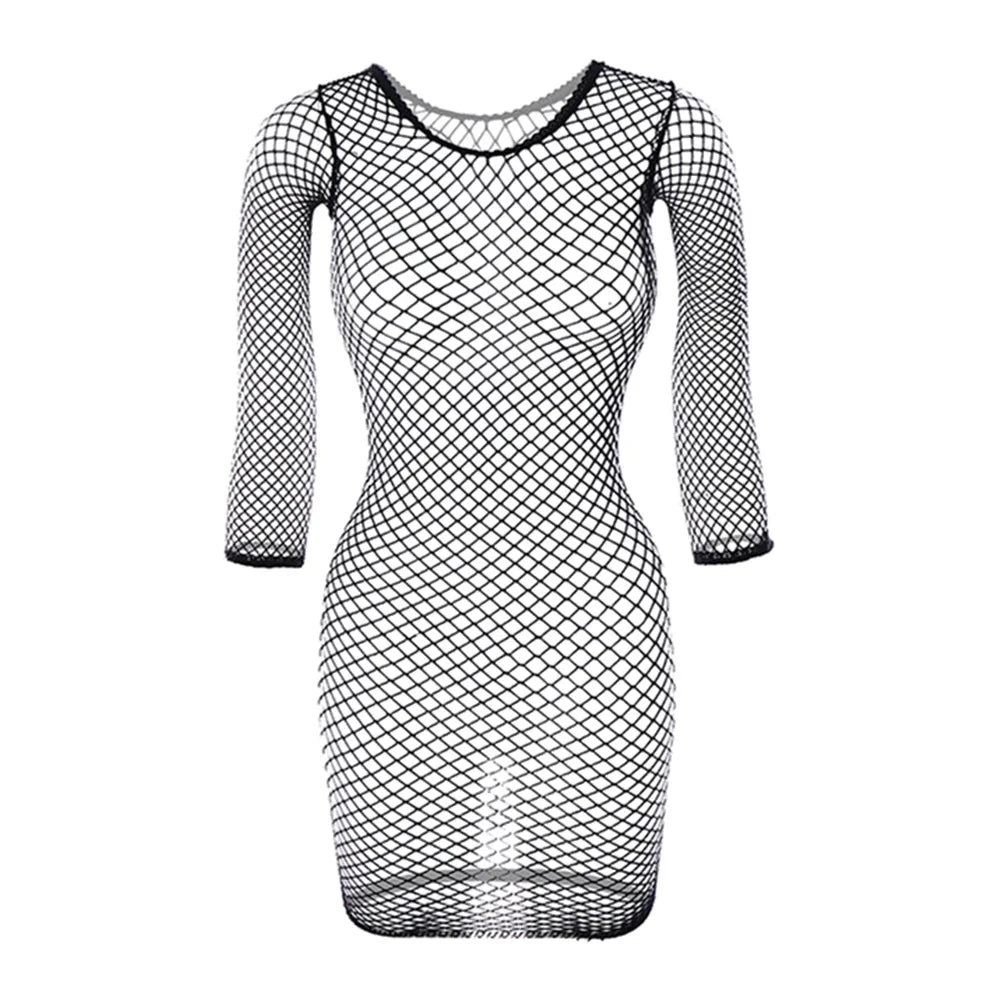 Women's See-Through Mesh Long Sleeve Bodycon Beach Dress – Sexy Off Shoulder Bikini Cover Up Mini Dress