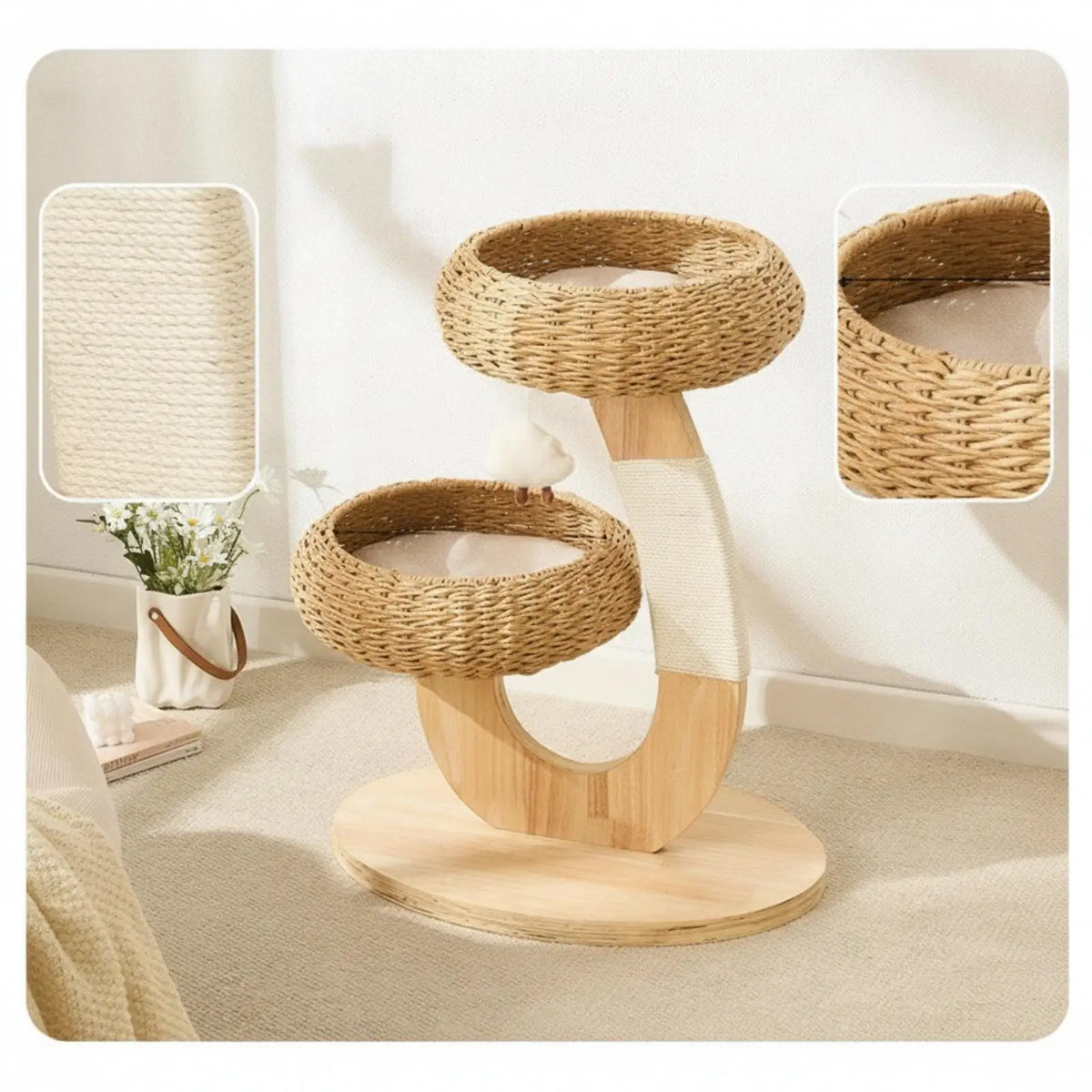 Wooden Cat Tree with Rattan Perch Compact Cat Tree with Perch Sturdy for Kittens