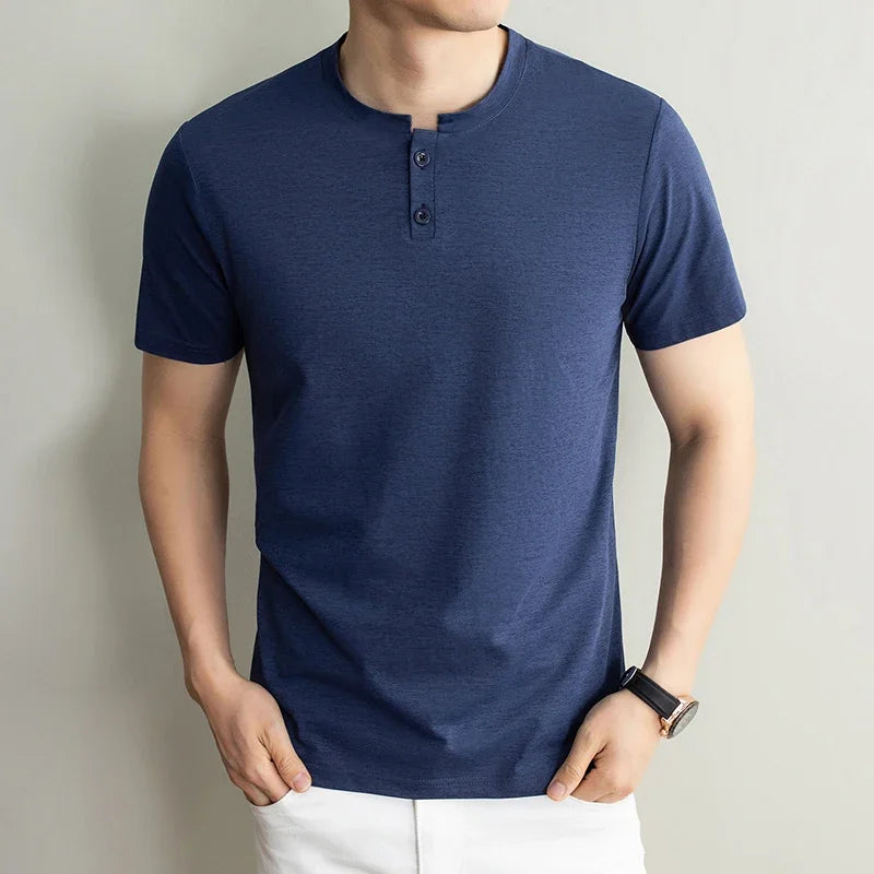 Men's Plain Henley Tee - Two-Button Placket, Soft Breathable Knit