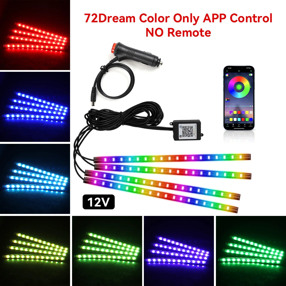 RGB LED Car Interior Ambient Light Strip – 36/48/72 LED Remote & App Music Control | USB or Cigarette Lighter | Atmosphere Foot Light