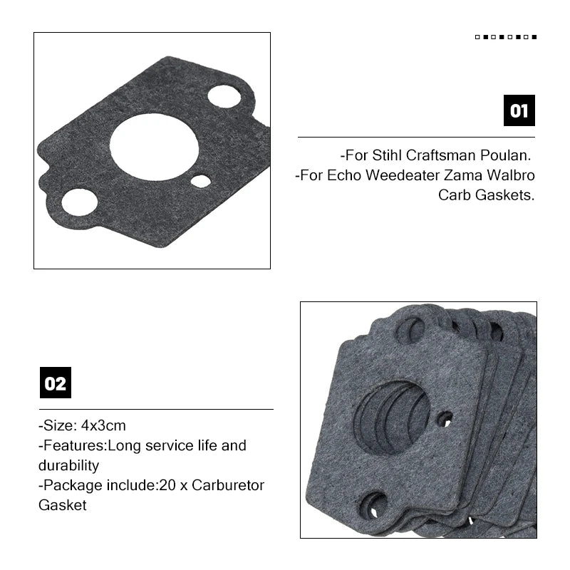 20PCS Carburetor Rebuild  Grass Cutter Washer For Stihl Craftsman Poulan For Echo Weedeater Zama Walbro Carb Gaskets replacepart