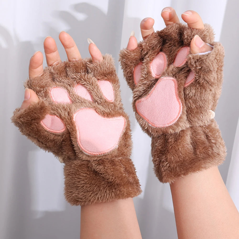 Women's Cat Paw Plush Mittens, Fingerless