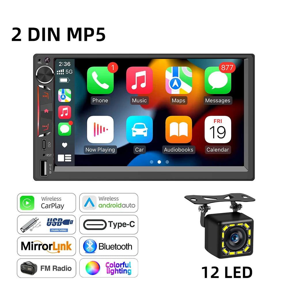 2DIN 7inch Car Radio MP5 Player Wireless CarPlay Android Auto Mirrorlink Touch Screen Bluetooth FM Stereo PD3.0 Fast Charging