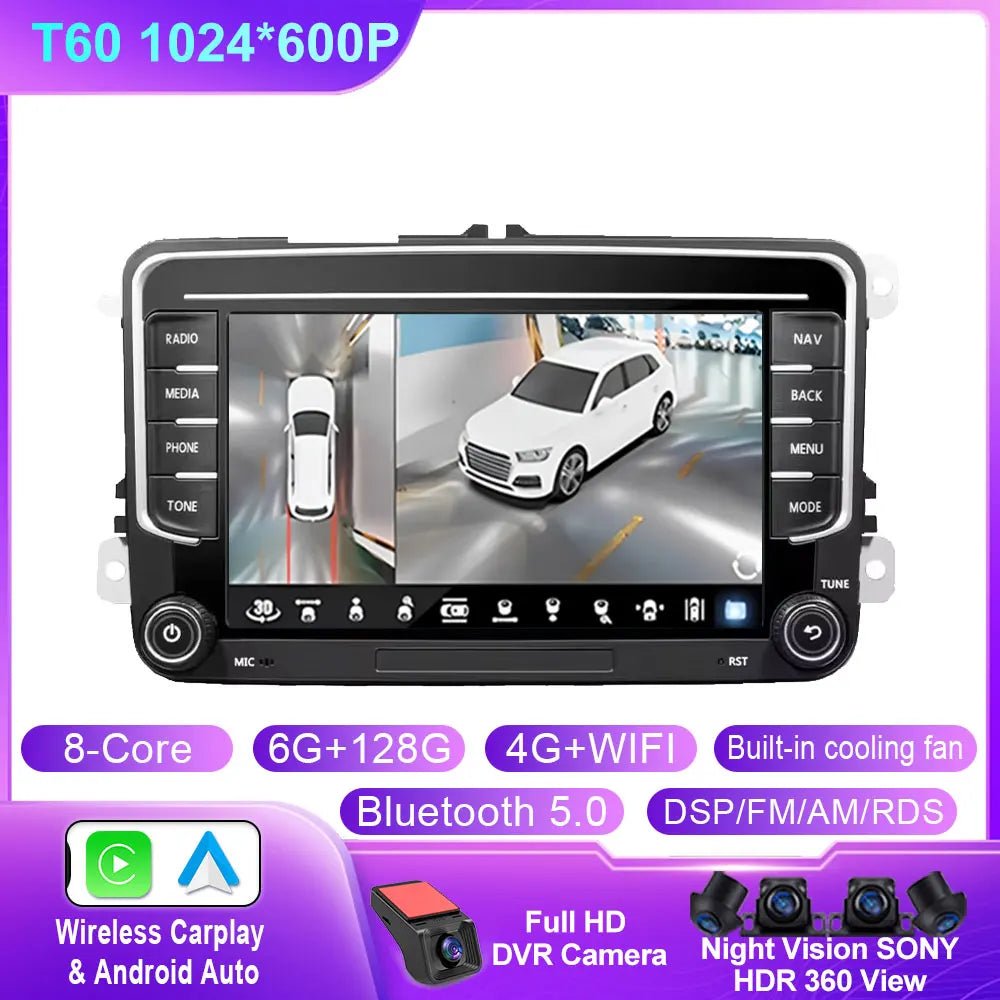 Car Stereo with Apple CarPlay & Android Auto, Compatible with VW Golf 5 6, Skoda Octavia, Passat B6, Polo & Jetta