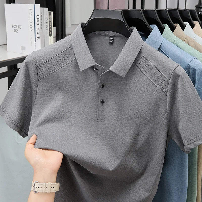 Men's Lapel Polo Tee - Perforated Shoulder, Wrinkle-Resistant