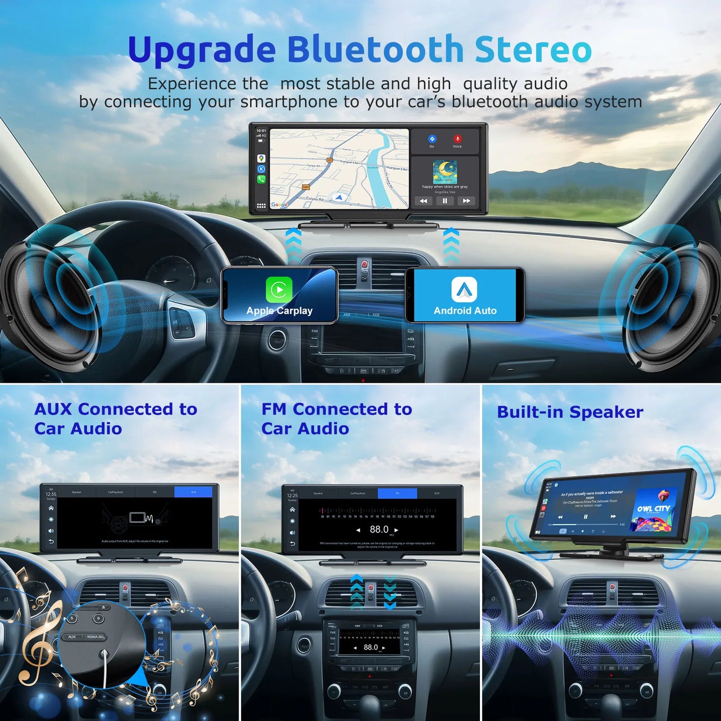 ESSGOO 10.26" Wireless CarPlay & Android Auto Dash Cam ADAS 4K DVR Bluetooth Audio AUX GPS Navigation Dashboard Video Recorder