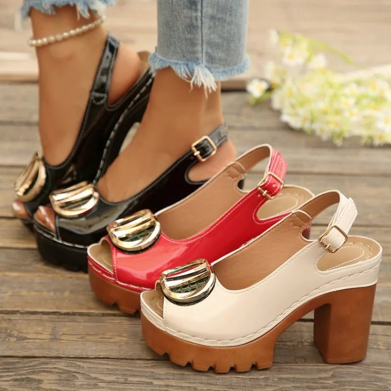 Summer New Women's Fashion Metal High-heeled Sandals Gladiator Casual Versatile Fish Mouth Sandals Roman High Heels Women Shoes