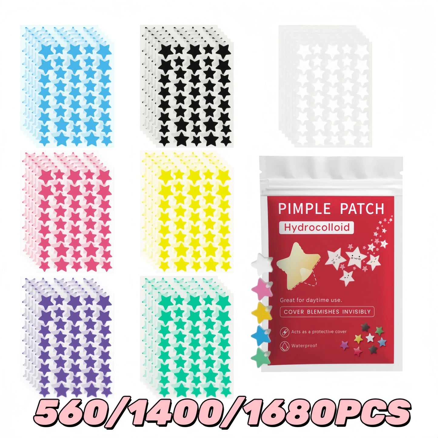 7-Color Star Blemish Patches 560/1400/1680pcs Hydrocolloid Invisible Stickers for All Skin