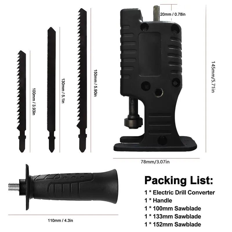 MMAlto Portable Reciprocating Saw Drill Adapter – Converts Drill to Reciprocating Saw | 3 Saw Blades Included | Wood & Metal Cutting | DIY Tool