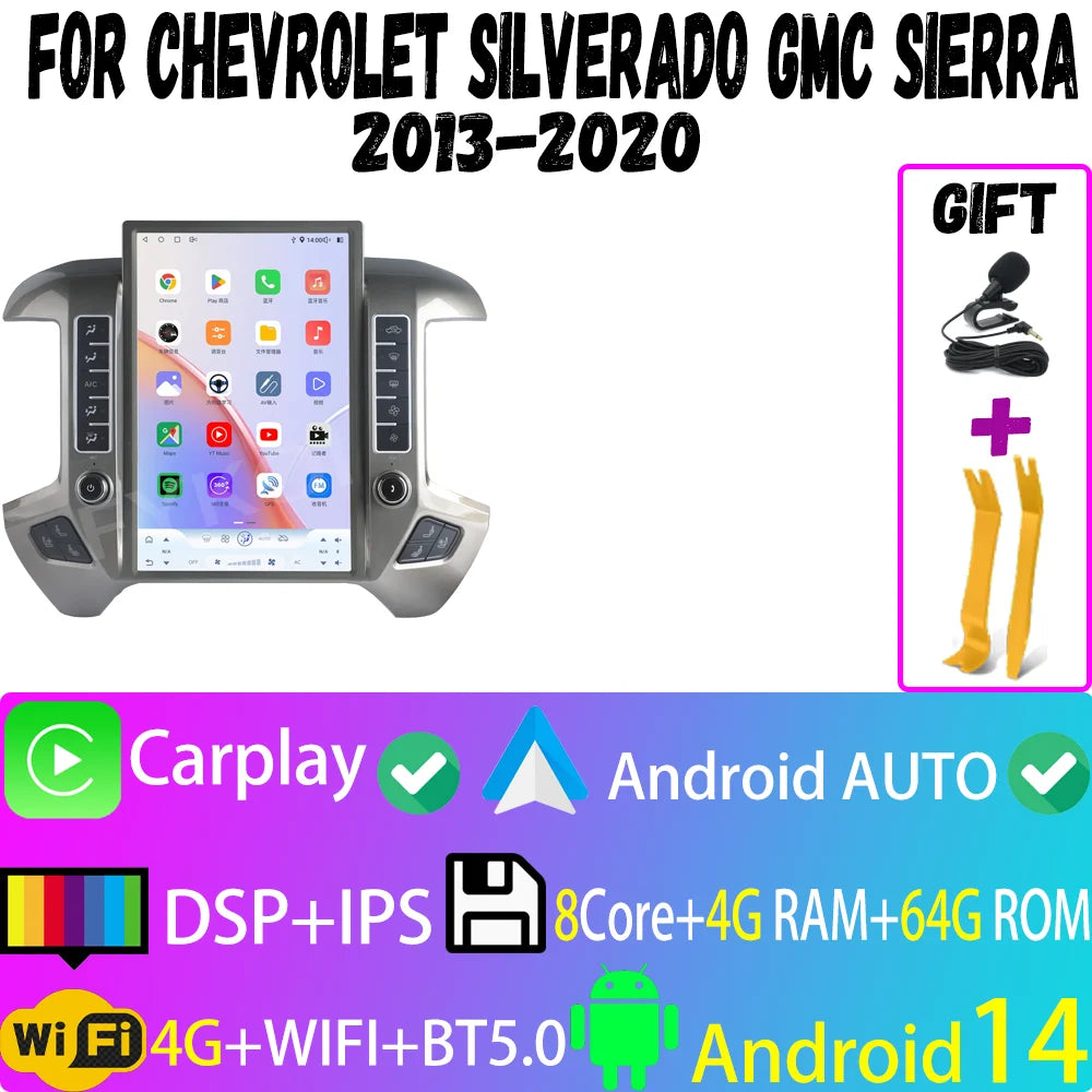 Car Radio For Chevrolet Silverado GMC Sierra 2013-2020 CarPlay Android Auto Automotive Multimedia Tesla Style Bluetooth 4G GPS