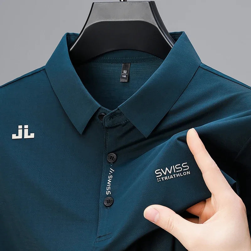 Men's Badge Polo Shirt - Solid Color, Breathable Business Casual