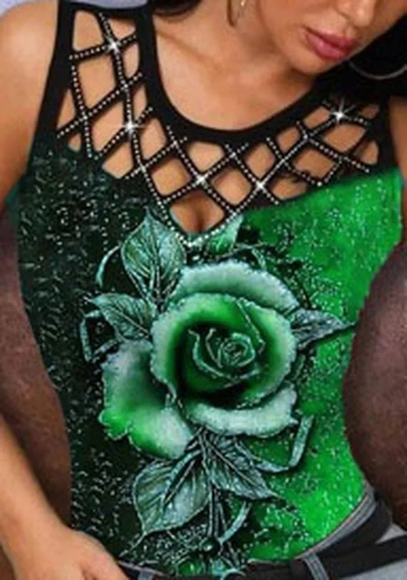 Summer New Women's T-Shirt Camouflage Print Sleeveless Fit Fashion V-Neck Lace Sexy Fashion Casual Women's Clothing