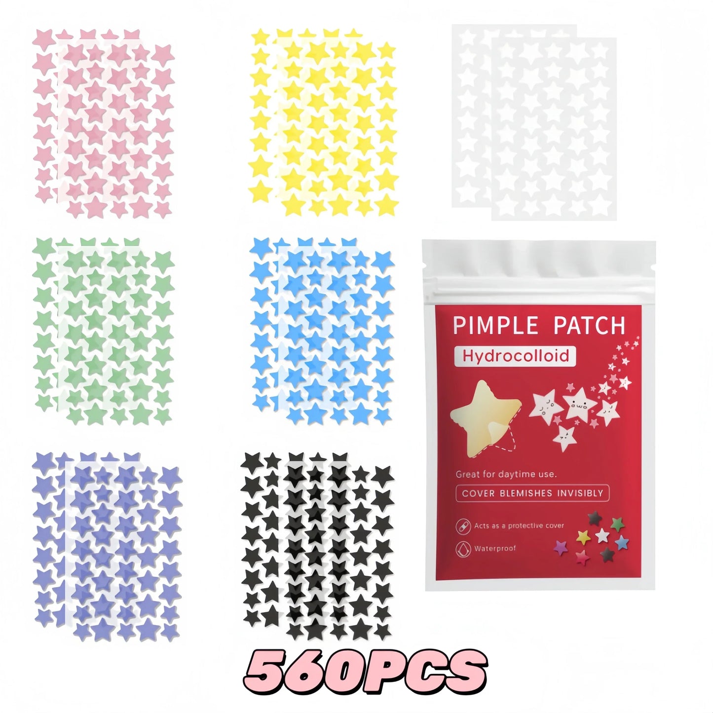 7-Color Star Blemish Patches 560/1400/1680pcs Hydrocolloid Invisible Stickers for All Skin