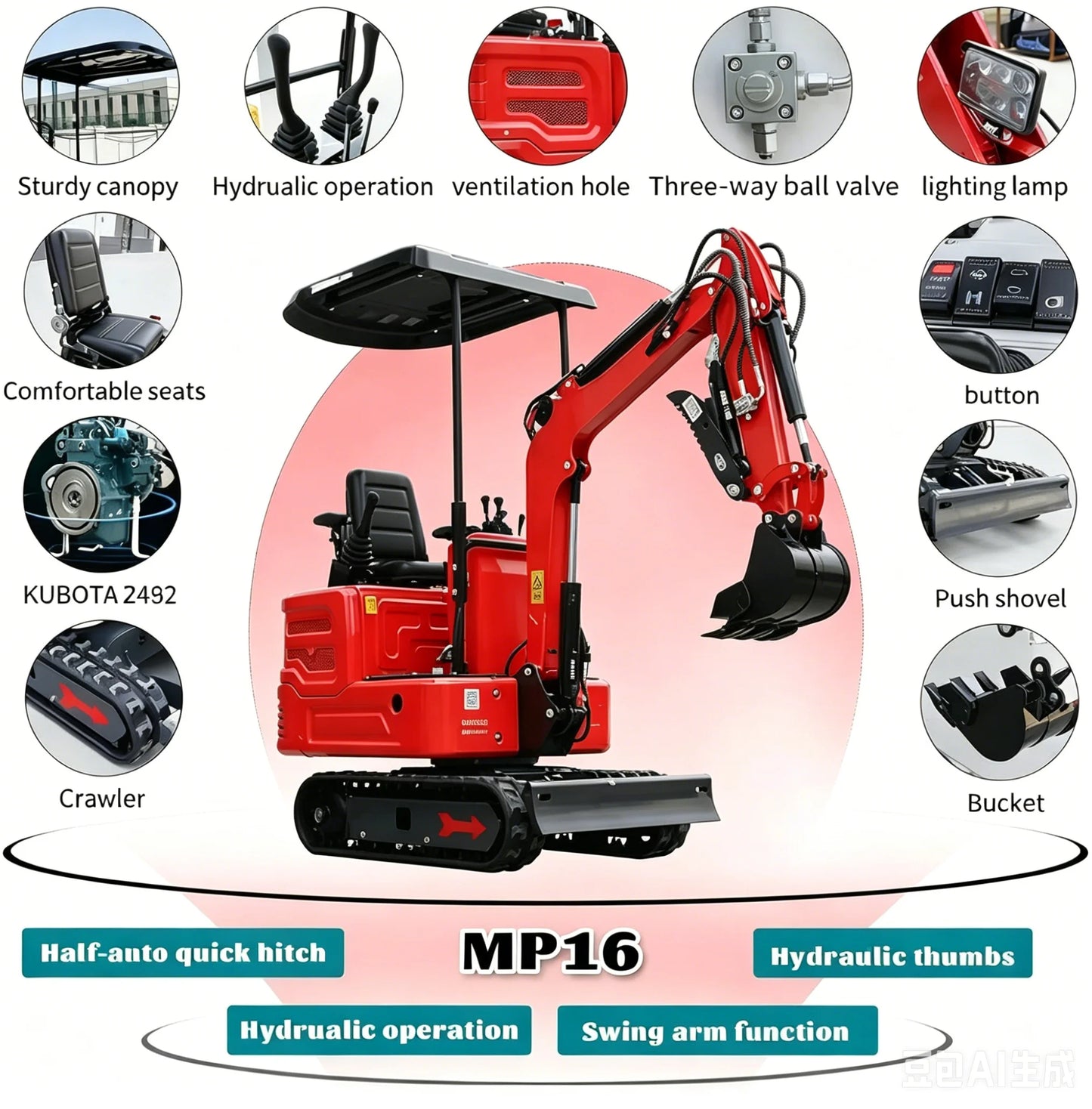 MACHPRO Mini Excavator with Kubota Engine, Equipped with Hydraulic Thumb Clamp & Multiple Attachments Free Shipping