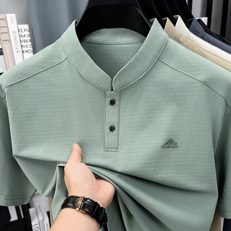 Men's Sport Mandarin Collar Polo - Breathable Mesh, Button Placket