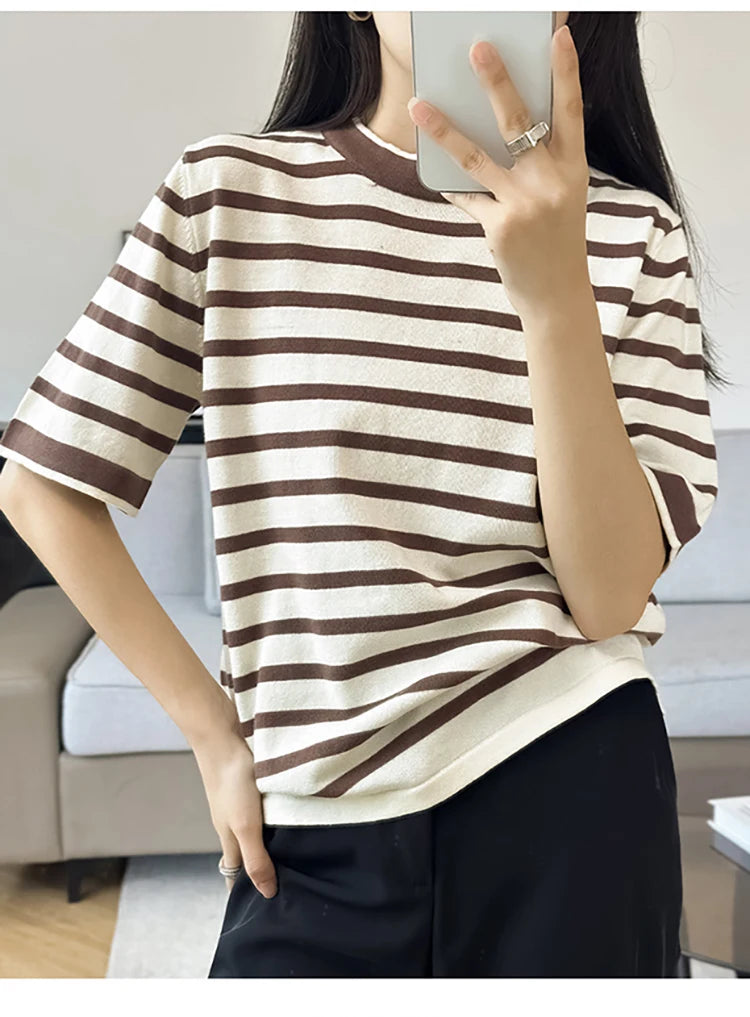 Summer new 100% pure cotton knitted short sleeved casual women's T-shirt round neck loose Tees striped pullover Tops cool