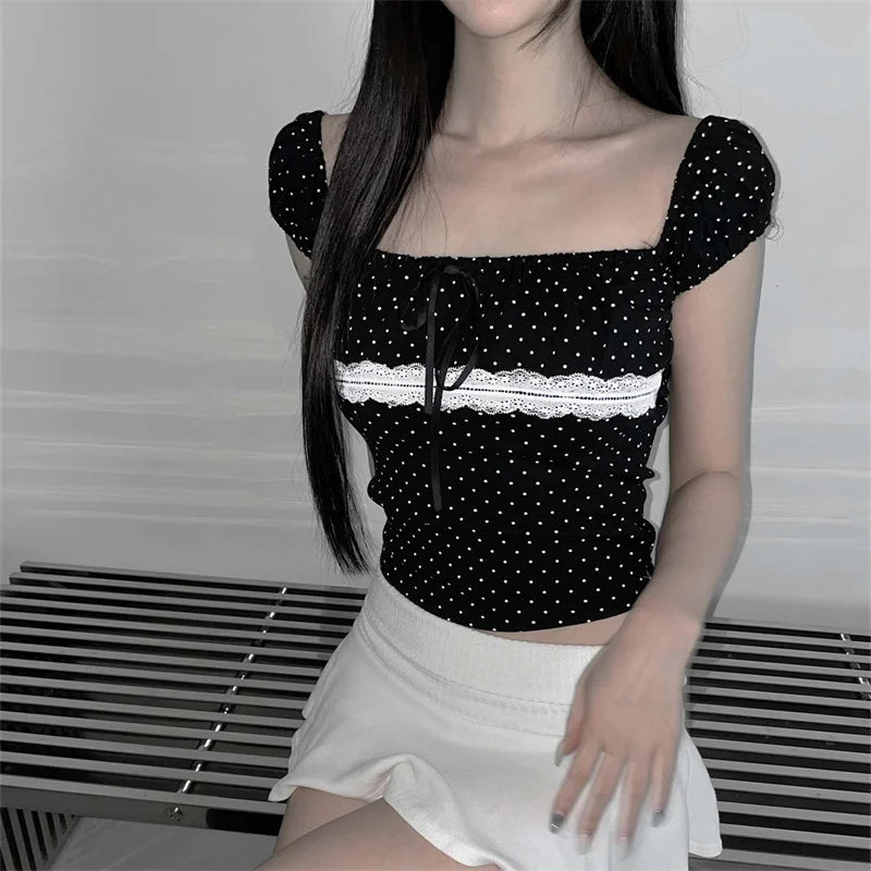 Women Summer Y2K Fairy Grunge Dots Lace Trim T-Shirts Short Sleeve Lace Patchwork Tee Tops Vinatge E-Girls Aesthetic Clothes
