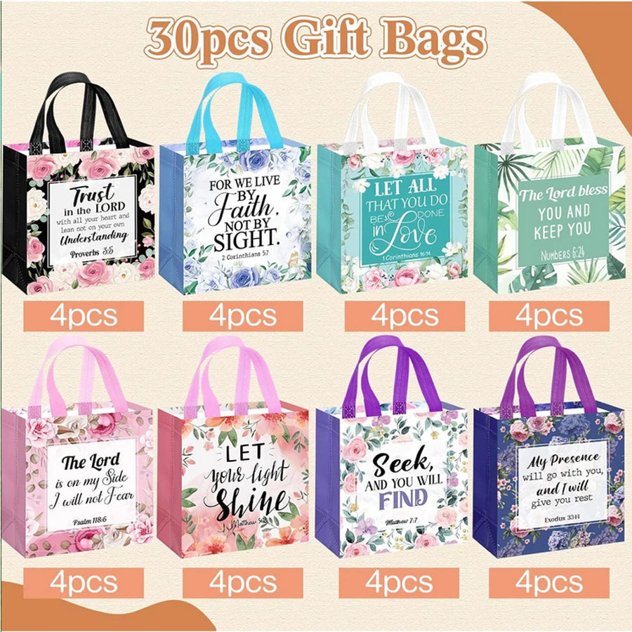 32 Pcs Bible Verse Flower Gift Bag with Handles Religious Reusable Gift Bags Bulk Christian Baptism Tote Bags Non Woven Gift Bag