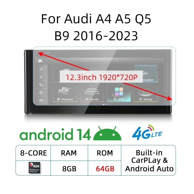 12.3" Car Stereo with Apple CarPlay & Android Auto, Compatible with Audi A4 A5 Q5 B9 (2016-2023)