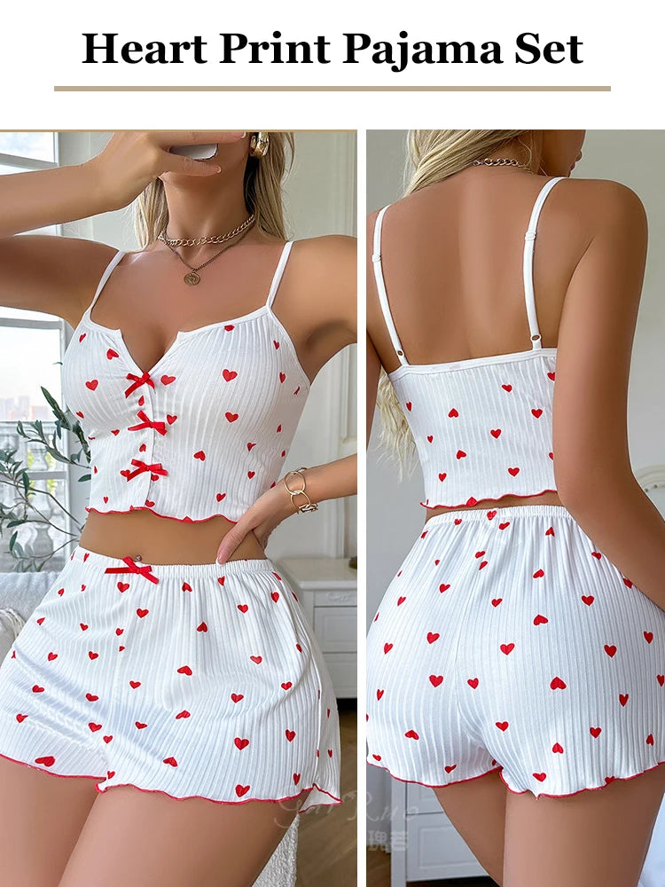 Women's Heart Print Silk Satin Pajama Set – V-Neck Sleeveless Cami Top & Shorts Loungewear | S–XL (4 Sets)