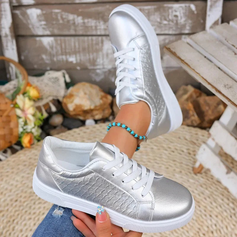Metallic Lace-Up Sneakers for Women — Soft PU Leather Board Shoes, Plus Size