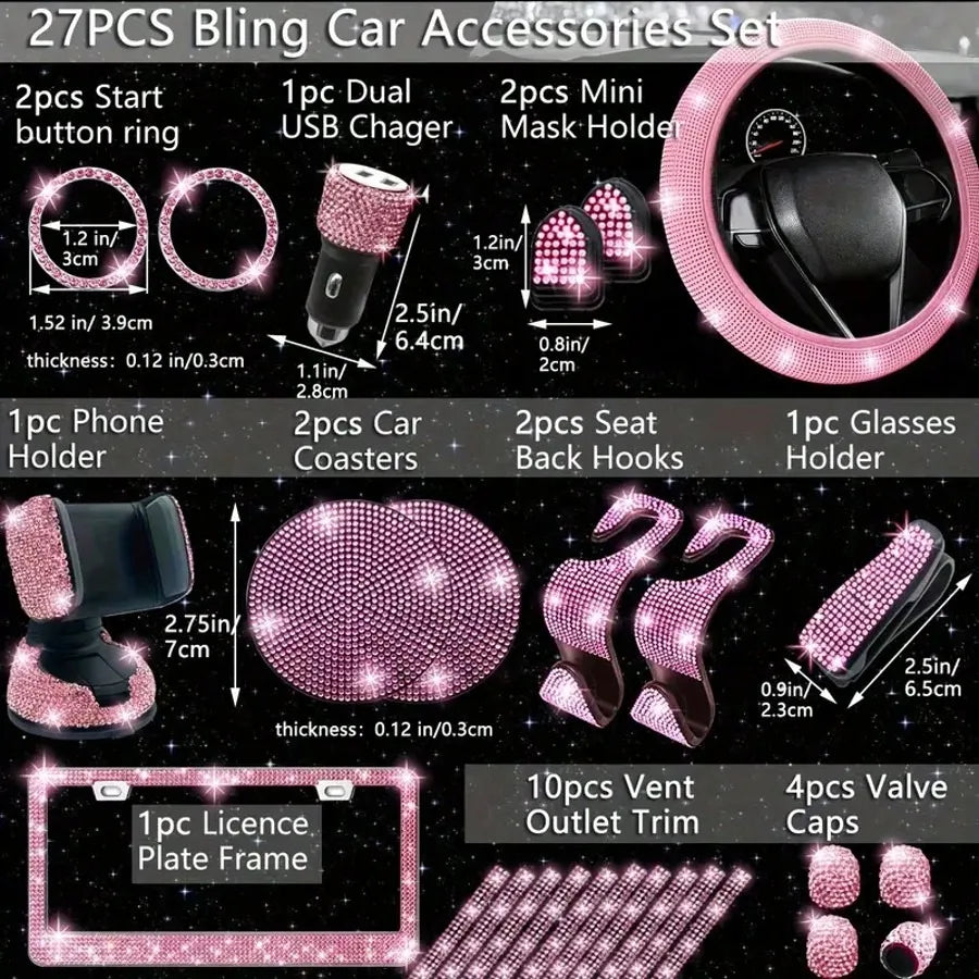Artificial Diamond Car Steering Wheel Decoration Set Pink Artificial Diamond Steering Wheel Protective Cover, New Fashion Cute Goddess Steering Wheel Cover Set,Car Acessesories Women