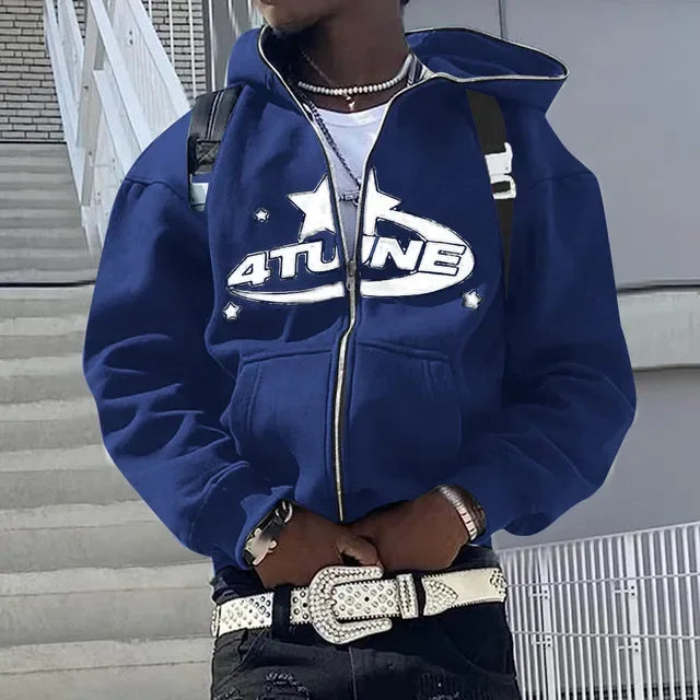Men's Letter Print Zip-Up Hoodie, Hip Hop Style