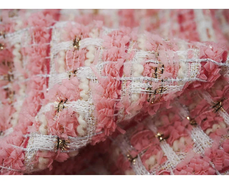 Tweed Fabric for Coat, Pink, Golden Thread, Glitter Cloth, Diy
