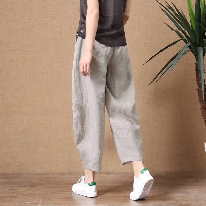 Loose Wide Leg Cotton Linen Pants High Waist Nine Points Women's plus Size Summer New Sle Casual Trousers Versatile Loose Fit